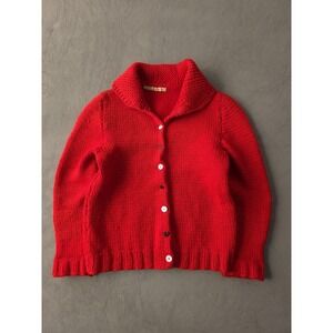 Vintage Handmade 1940s Women's Red Chunky Knit Wool Cardigan Sweater L